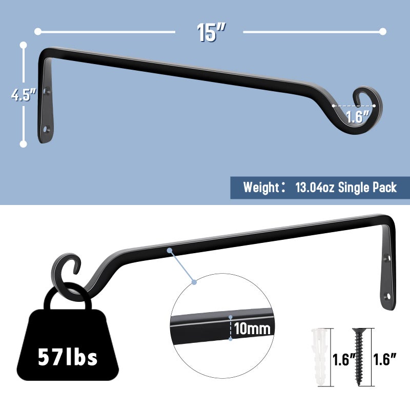 FEED GARDEN 15 Inch 2 Pack Hand-Forged Hanging Plant Bracket Heavy Duty Metal Plant Hangers for Outdoor Hanging Bird Feeders Lanterns Wind Chimes Black - Image 2